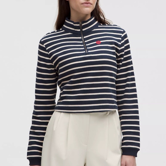 Lululemon | French Terry Cropped Half Zip | Yachtie Stripe Club Blue Light Ivory - Picture 1 of 6